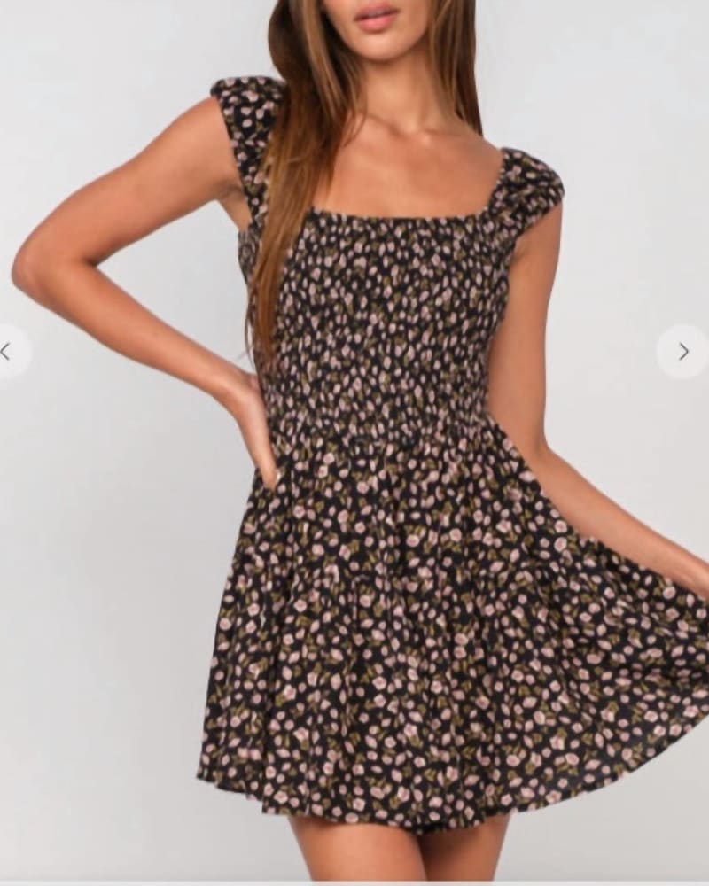 Front of a model wearing a size large Fall Floral Mini Dress in Black in Black by Sky to Moon. | dia_product_style_image_id:337810